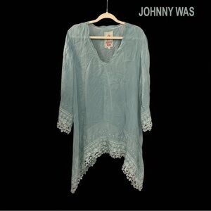 Johnny Was Size XXL AVY V-Neck Boho Turquoise Tunic with Handkerchief Hem NEW!
